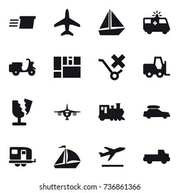 16 vector icon set : delivery, plane, boat, train, car baggage, trailer, sail boat, departure, pickup
