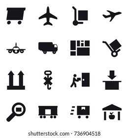 16 vector icon set : delivery, plane, cargo stoller, warehouse