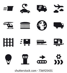 16 vector icon set : delivery, electric car, journey, airport building, train, trailer, air ballon, airport tower