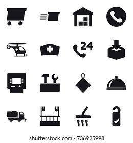 16 vector icon set : delivery, warehouse, phone, atm, repair tools, rag, sweeper, skyscapers cleaning, vacuum cleaner, please clean
