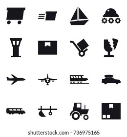 16 vector icon set : delivery, boat, lunar rover, airport tower, plane, train, car baggage, plow, tractor, package