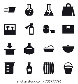 16 vector icon set : delivery, round flask, flask, shopping bag, tools, washing, cauldron, measuring cup, barrel, bucket