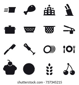 16 vector icon set : delivery, chicken leg, hotel, stands for knives, pan, kolander, colander, garlic clasp, chef knife, spikelets, cherry