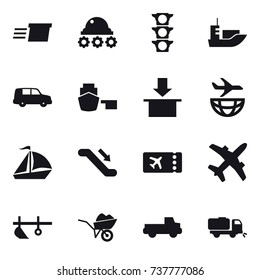 16 vector icon set : delivery, lunar rover, sail boat, escalator, ticket, plow, wheelbarrow, pickup, sweeper