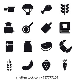 16 vector icon set : delivery, parachute, chicken leg, toaster, pan, cutting board, spikelets, eggplant, strawberry, carrot