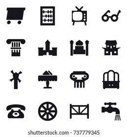 16 vector icon set : delivery, abacus, tv, column, castle, minaret, japanese house, windmill, restaurant, antique column, dresser, phone, wheel, farm fence, water tap