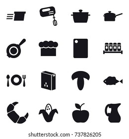 16 vector icon set : delivery, mixer, pan, saute pan, chef  hat, cutting board, corn, apple, jug