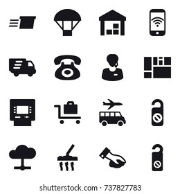 16 vector icon set : delivery, parachute, warehouse, phone wireless, atm, baggage trolley, transfer, do not distrub, vacuum cleaner, wiping