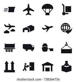 16 vector icon set : delivery, plane, parachute, cargo stoller, journey, warehouse