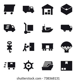 16 vector icon set : delivery, truck, warehouse, box, cargo stoller, handwheel, cruise ship, package