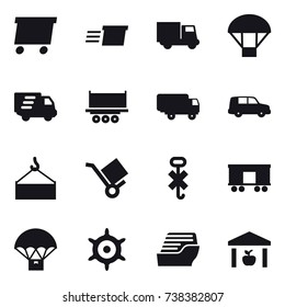 16 vector icon set : delivery, truck, parachute, handwheel, cruise ship, warehouse