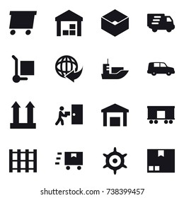 16 vector icon set : delivery, warehouse, box, cargo stoller, handwheel, package