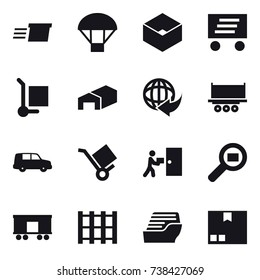 16 vector icon set : delivery, parachute, box, cargo stoller, warehouse, cruise ship, package