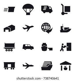 16 vector icon set : delivery, parachute, cargo stoller, warehouse, plane, cruise ship