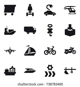 16 vector icon set : delivery, hoverboard, electric car, plane, sail boat, bike, motorcycle, baggage checking, yacht, plow