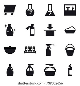 16 vector icon set : delivery, round flask, flask, tools, cleanser, washing, cauldron, sprayer, bucket, liquid soap, washing powder, toilet cleanser