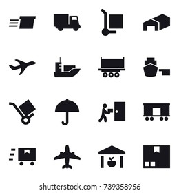 16 vector icon set : delivery, truck, cargo stoller, warehouse, airplane, package