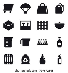 16 vector icon set : delivery, parachute, shopping bag, box, tools, cauldron, measuring cup, barrel, garbage bag, cleanser, toilet cleanser