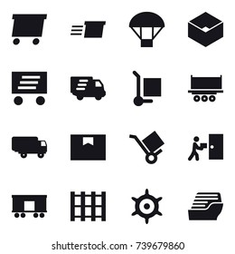 16 vector icon set : delivery, parachute, box, cargo stoller, handwheel, cruise ship