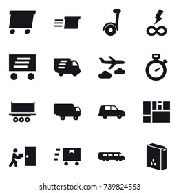 16 vector icon set : delivery, segway, infinity power, journey, stopwatch