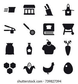 16 vector icon set : delivery, market, stands for knives, apron, garlic clasp, skimmer, honeycombs, corn, chicken, egg