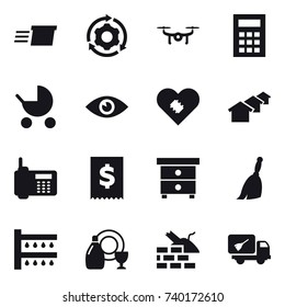 16 vector icon set : delivery, around gear, drone, calculator, baby stroller, houses, nightstand, broom, watering, dish cleanser, construct garbage, home call cleaning