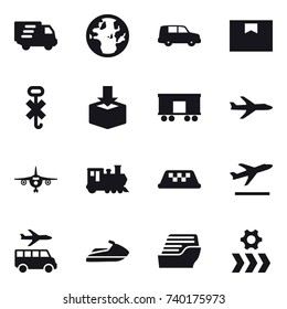 16 vector icon set : delivery, plane, train, taxi, departure, transfer, jet ski, cruise ship