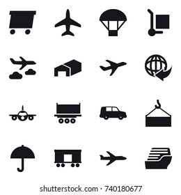 16 vector icon set : delivery, plane, parachute, cargo stoller, journey, warehouse, cruise ship