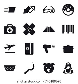 16 vector icon set : delivery, up down arrow, smart glasses, donut, pyramid, departure, fridge, hair dryer, pan, kolander, sickle, pig, cleaner