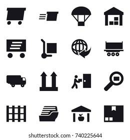 16 vector icon set : delivery, parachute, warehouse, cargo stoller, cruise ship, package