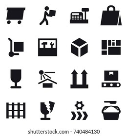 16 vector icon set : delivery, courier, cashbox, shopping bag, cargo stoller, tools, 3d, washing powder