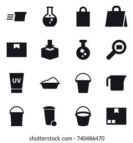 16 vector icon set : delivery, round flask, shopping bag, uv cream, washing, bucket, measuring cup, trash bin, package