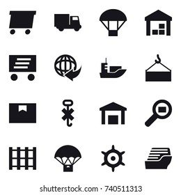 16 vector icon set : delivery, truck, parachute, warehouse, handwheel, cruise ship etc