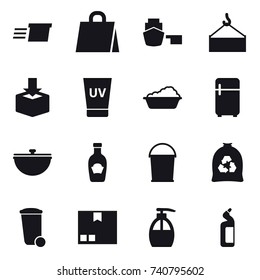 16 vector icon set : delivery, shopping bag, uv cream, washing, fridge, cauldron, bucket, garbage bag, trash bin, package, liquid soap, toilet cleanser