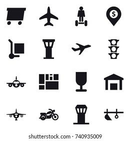 16 vector icon set : delivery, plane, hoverboard, dollar pin, cargo stoller, airport tower, motorcycle, plow