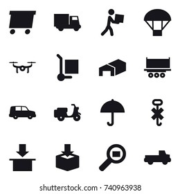16 vector icon set : delivery, truck, courier, parachute, cargo stoller, warehouse, pickup
