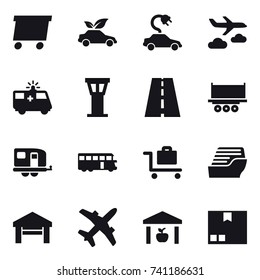 16 vector icon set : delivery, eco car, electric car, journey, airport tower, trailer, bus, baggage trolley, cruise ship, garage, warehouse, package