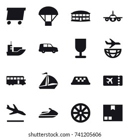 16 vector icon set : delivery, parachute, airport building, bus, sail boat, taxi, ticket, arrival, jet ski, wheel, package