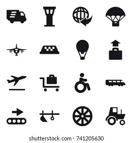 16 vector icon set : delivery, airport tower, plane, taxi, air ballon, baggage, departure, baggage trolley, invalid, plow, wheel, tractor