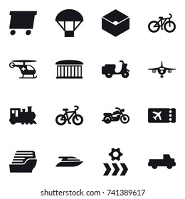 16 vector icon set : delivery, parachute, box, bike, airport building, plane, train, motorcycle, ticket, cruise ship, yacht, pickup