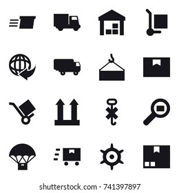 16 vector icon set : delivery, truck, warehouse, cargo stoller, handwheel, package