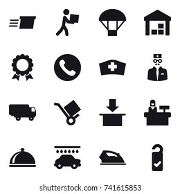 16 vector icon set : delivery, courier, parachute, warehouse, medal, phone, reception, car wash, iron, please clean