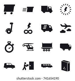 16 vector icon set : delivery, truck, lightning, segway, infinity power, journey, stopwatch
