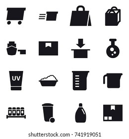 16 vector icon set : delivery, shopping bag, uv cream, washing, measuring cup, trash bin, cleanser, package