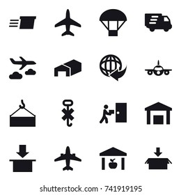 16 vector icon set : delivery, plane, parachute, journey, warehouse, airplane, package
