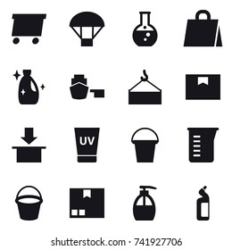 16 vector icon set : delivery, parachute, round flask, shopping bag, cleanser, uv cream, bucket, measuring cup, package, liquid soap, toilet cleanser
