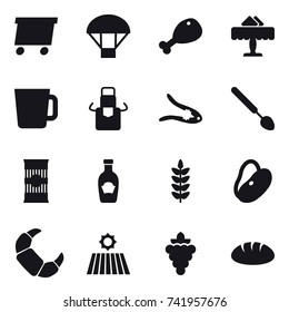 16 vector icon set : delivery, parachute, chicken leg, restaurant, cup, apron, walnut crack, big spoon, field, grape, bread