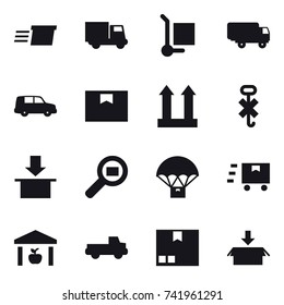 16 vector icon set : delivery, truck, cargo stoller, warehouse, pickup, package