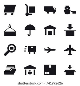 16 vector icon set : delivery, cargo stoller, plane, airplane, cruise ship, warehouse, package