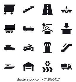 16 vector icon set : delivery, stairs, car baggage, motorcycle, airport tower, escalator, yacht, garage, sweeper